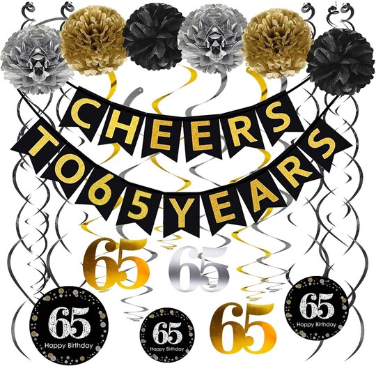 65th Birthday Party Decorations Set- Gold Glittery Cheers to 65 Years Banner,Poms,12Pcs Sparkling 65 Hanging Swirls for 65th Birthday Decorations 65 Years Old Party Supplies